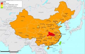 Kaart met gebieden China voor reisadvies tijdens coronavirus