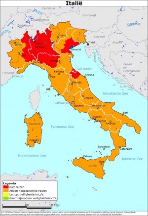 Reisadvies Italië - kaart gebieden coronavirus